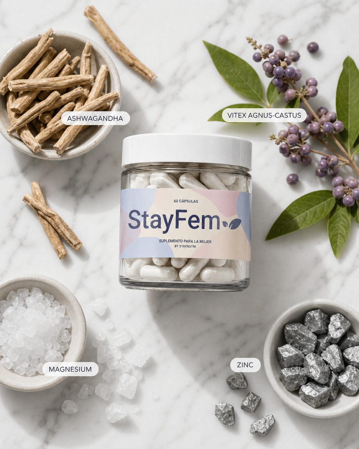 StayFem rodeado de sus ingredientes: ashwagandha, vitex, magnesio y zinc