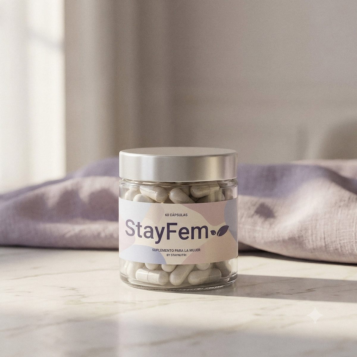 Bote de StayFem sobre lino lila